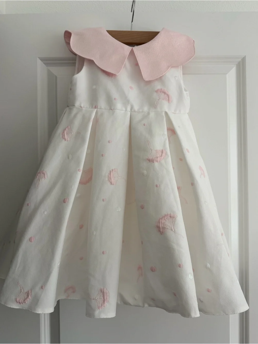 Girls' Pink Collar White Dress with Pink Embroidery
